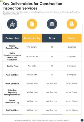 Key Deliverables For Construction Inspection Services One Pager Sample Example Document Slide01