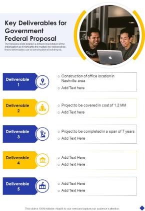 Key Deliverables For Government Federal Proposal One Pager Sample Example Document Slide01