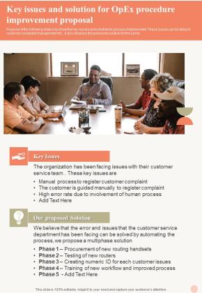Key Issues And Solution For Opex Procedure Improvement Proposal One Pager Sample Example Document Slide01