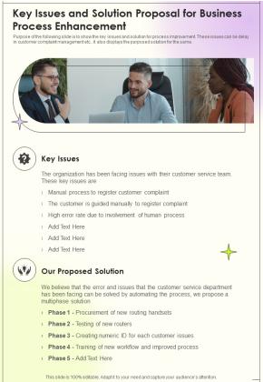 Key Issues And Solution Proposal For Business Process Enhancement One Pager Sample Example Document Slide01