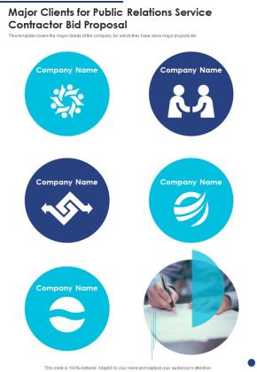 Major Clients For Public Relations Service Contractor Bid Proposal One Pager Sample Example Document Slide01