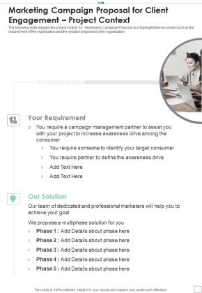 Marketing Campaign Proposal For Client Engagement Project Context One Pager Sample Example Document Slide01