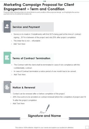 Marketing Campaign Proposal For Client Engagement Term And Condition One Pager Sample Example Document Slide01