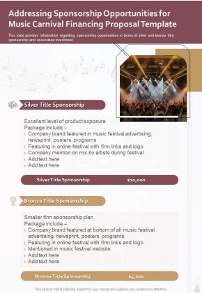 Music Carnival Financing Addressing Sponsorship Opportunities One Pager Sample Example Document Slide01