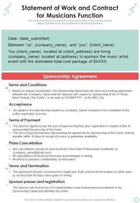 Musicians Function Statement Of Work And Contract For Musicians One Pager Sample Example Document Slide01