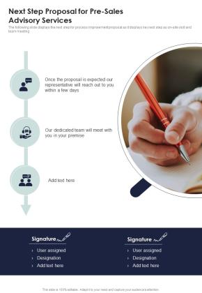 Next Step Proposal For Pre Sales Advisory Services One Pager Sample Example Document Slide01