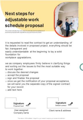 Next Steps For Adjustable Work Schedule Proposal One Pager Sample Example Document Slide01