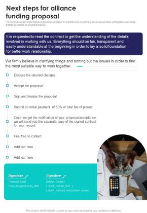 Next Steps For Alliance Funding Proposal One Pager Sample Example Document Slide01