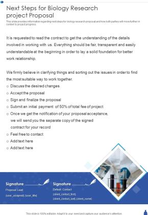 Next Steps For Biology Research Project Proposal One Pager Sample Example Document Slide01