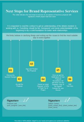 Next Steps For Brand Representative Services One Pager Sample Example Document Slide01