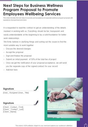 Next Steps For Business Wellness Program Proposal To Promote One Pager Sample Example Document Slide01