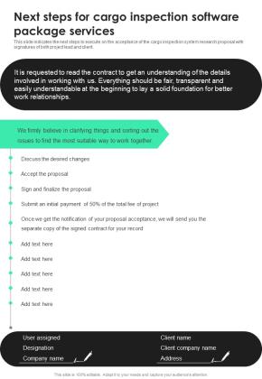 Next Steps For Cargo Inspection Software Package Services One Pager Sample Example Document Slide01