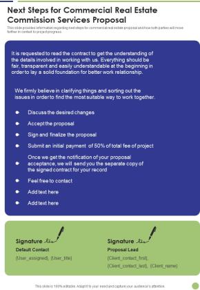 Next Steps For Commercial Real Estate Commission Services Proposal One Pager Sample Example Document Slide01