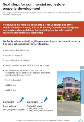 Next Steps For Commercial Real Estate Property Development One Pager Sample Example Document Slide01