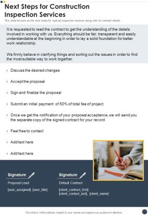 Next Steps For Construction Inspection Services One Pager Sample Example Document Slide01