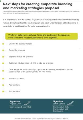 Next Steps For Creating Corporate Branding And Marketing Strategies One Pager Sample Example Document Slide01