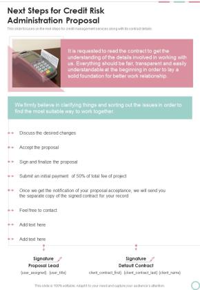 Next Steps For Credit Risk Administration Proposal One Pager Sample Example Document Slide01