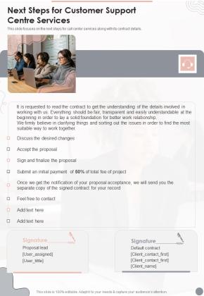 Next Steps For Customer Support Centre Services One Pager Sample Example Document Slide01