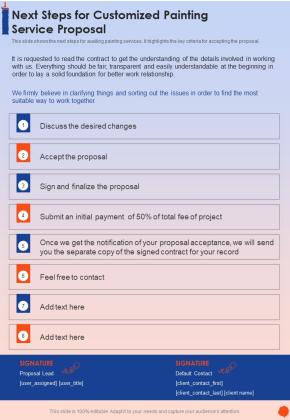 Next Steps For Customized Painting Service Proposal One Pager Sample Example Document Slide01