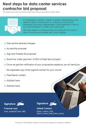 Next Steps For Data Center Services Contractor Bid Proposal One Pager Sample Example Document Slide01