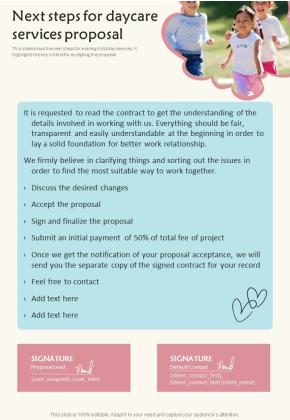 Next Steps For Daycare Services Proposal One Pager Sample Example Document Slide01