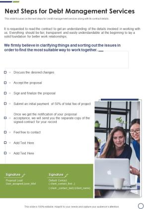 Next Steps For Debt Management Services One Pager Sample Example Document Slide01