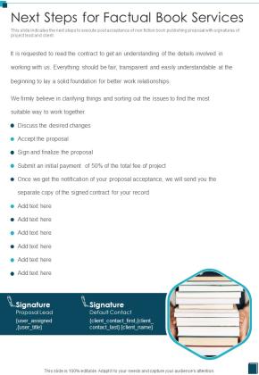 Next Steps For Factual Book Services One Pager Sample Example Document Slide01