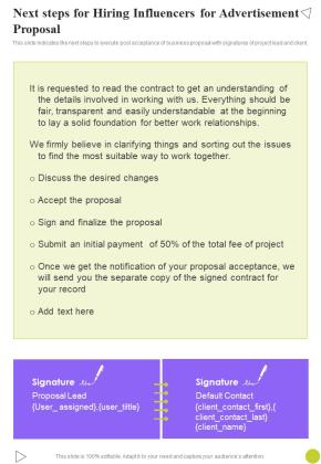 Next Steps For Hiring Influencers For Advertisement Proposal One Pager Sample Example Document Slide01