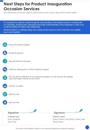 Next Steps For Product Inauguration Occasion Services One Pager Sample Example Document Slide01