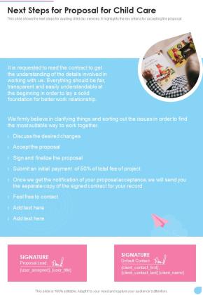 Next Steps For Proposal For Child Care One Pager Sample Example Document Slide01