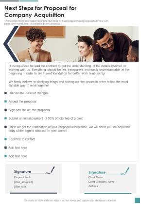 Next Steps For Proposal For Company Acquisition One Pager Sample Example Document Slide01