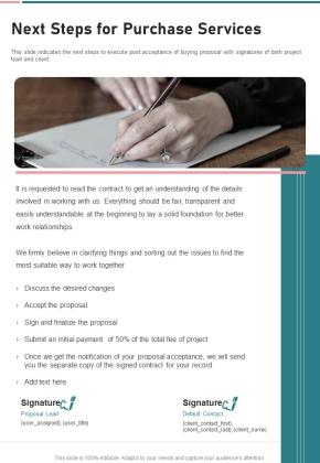 Next Steps For Purchase Services One Pager Sample Example Document Slide01