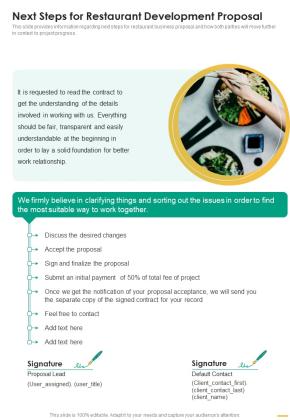 Next Steps For Restaurant Development Proposal One Pager Sample Example Document Slide01