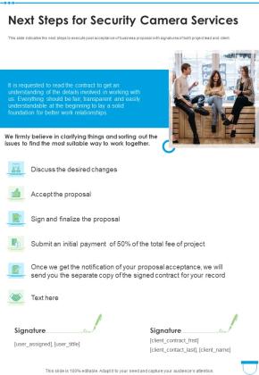 Next Steps For Security Camera Services One Pager Sample Example Document Slide01