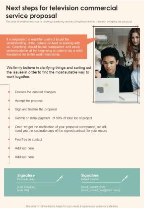 Next Steps For Television Commercial Service Proposal One Pager Sample Example Document Slide01
