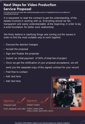 Next Steps For Video Production Service Proposal One Pager Sample Example Document Slide01