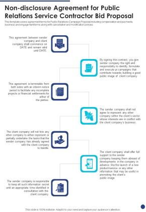 Non Disclosure Agreement For Public Relations Service Contractor Bid One Pager Sample Example Document Slide01