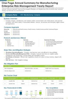 One Page Annual Summary For Manufacturing Enterprise Risk Management ...