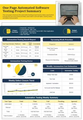 One Page Automated Software Testing Project Summary PDF Document PPT Template Slide01