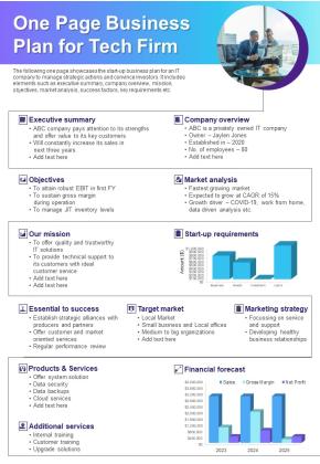 One Page Business Plan For Tech Firm PDF Document PPT Template Slide01