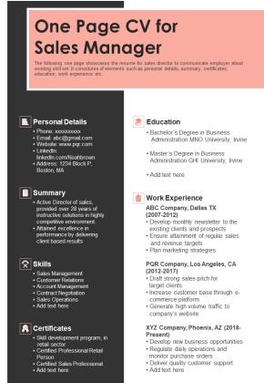 One Page CV For Sales Manager PDF Document PPT Template Slide01