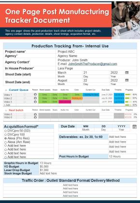 One Page Post Manufacturing Tracker Document PDF Document PPT Template Slide01