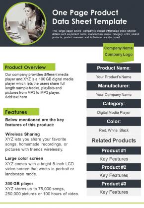 One Page Product Data Sheet Template PDF Document PPT Template