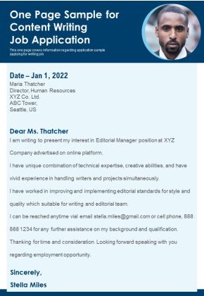 One Page Sample For Content Writing Job Application PDF Document PPT Template Slide01