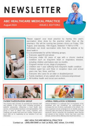 One Pager Newsletter For Medical Profession PDF Document PPT Template