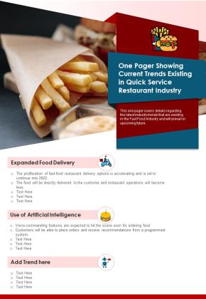 One Pager Showing Current Trends Existing In Quick Service Restuarant Industry PDF Document PPT Template Slide01
