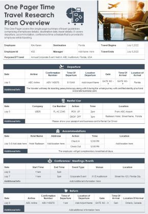 One Pager Time Travel Research Plan Overview PDF Document PPT Template Slide01