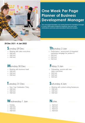 One Week Per Page Planner Of Business Development Manager PDF Document PPT Template Slide01