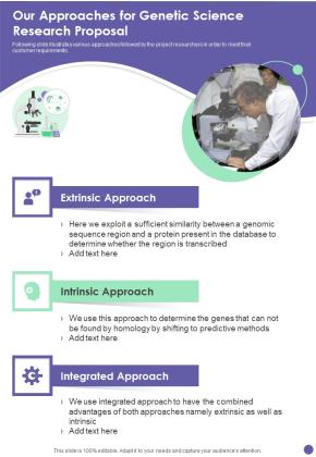 Our Approaches For Genetic Science Research Proposal One Pager Sample Example Document Slide01