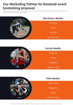 Our Marketing Partner For Baseball Event Fundraising Proposal One Pager Sample Example Document Slide01